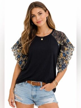 Akemi + Kin Anthropologie Black Embroidered Lace Sleeve Top XS Boho